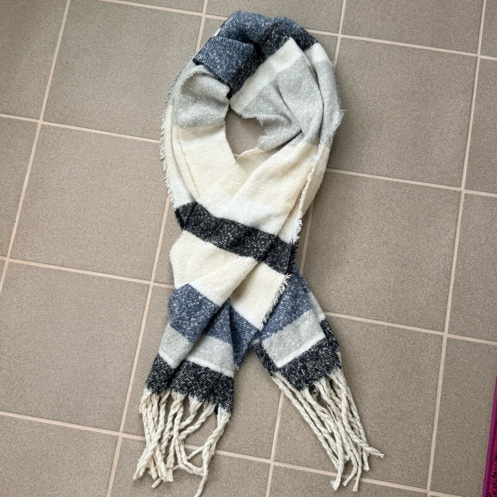 Soft Fringe Stripe Scarf in Cream and Gray